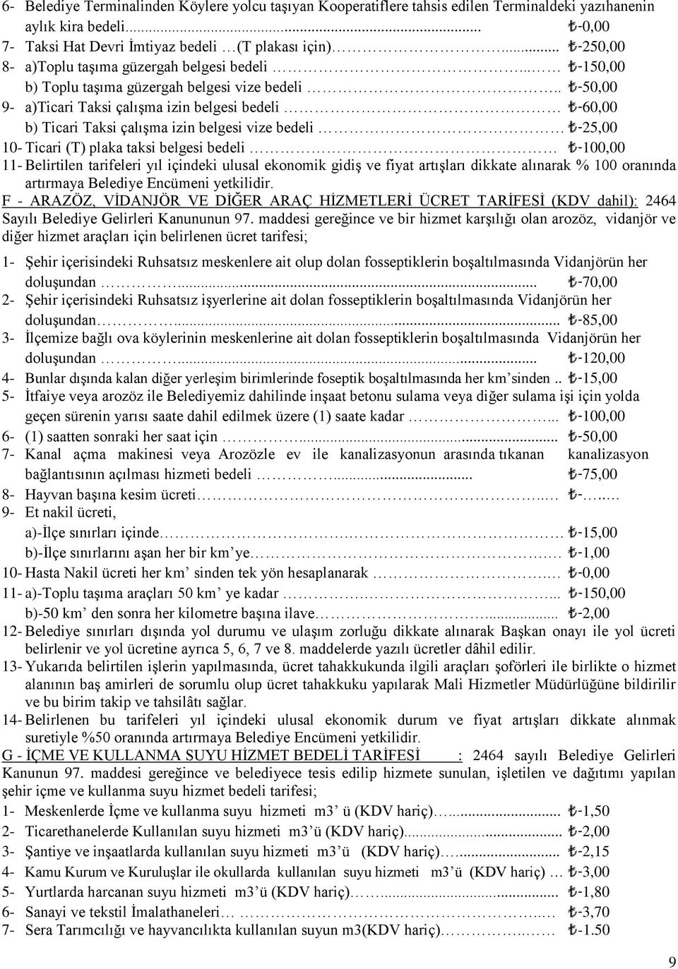 . -50,00 9- a)ticari Taksi çalışma izin belgesi bedeli -60,00 b) Ticari Taksi çalışma izin belgesi vize bedeli -25,00 10- Ticari (T) plaka taksi belgesi bedeli -100,00 11- Belirtilen tarifeleri yıl