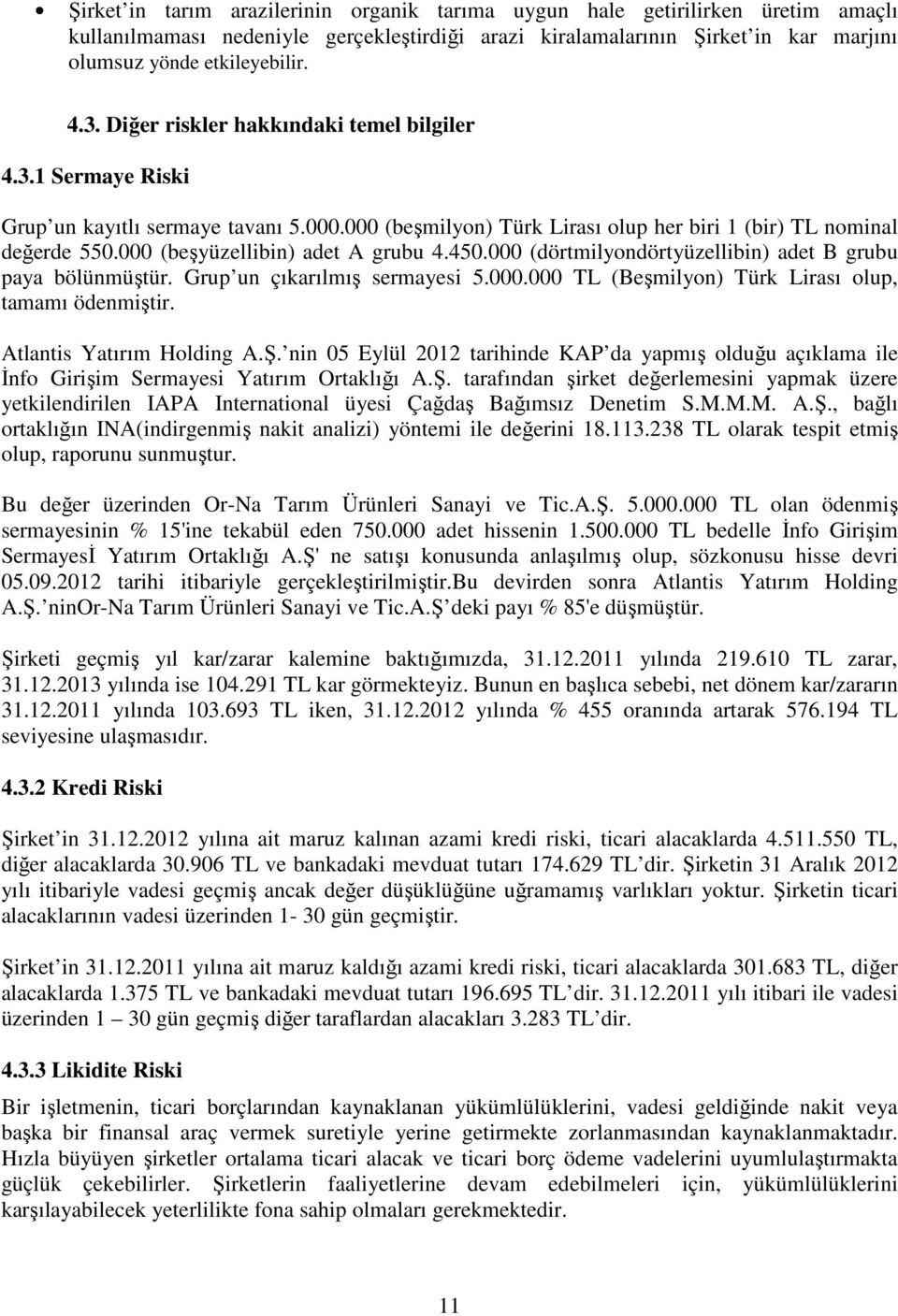 000 (beşyüzellibin) adet A grubu 4.450.000 (dörtmilyondörtyüzellibin) adet B grubu paya bölünmüştür. Grup un çıkarılmış sermayesi 5.000.000 TL (Beşmilyon) Türk Lirası olup, tamamı ödenmiştir.