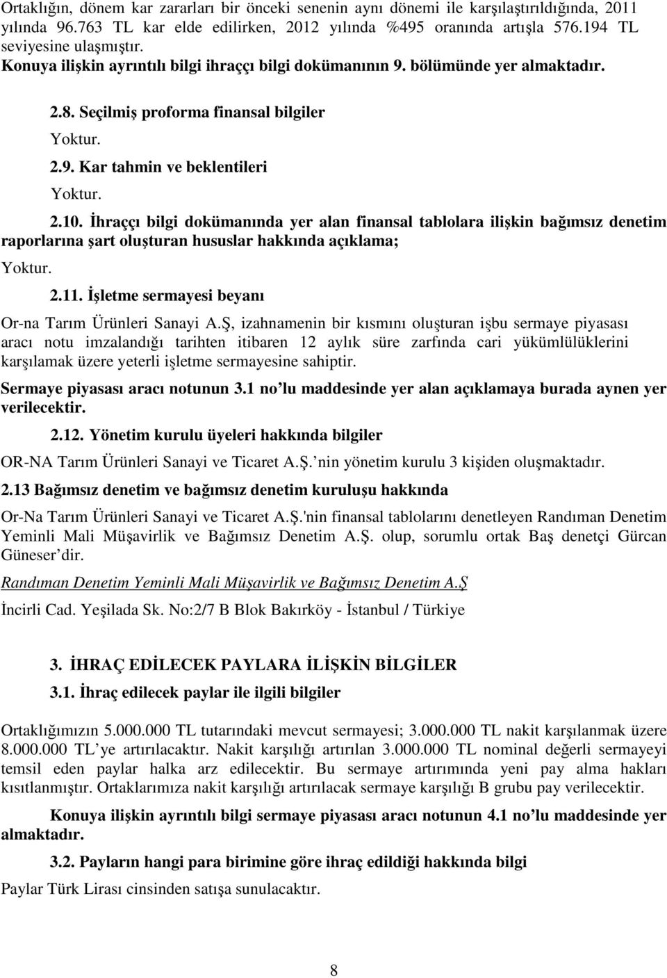 İhraççı bilgi dokümanında yer alan finansal tablolara ilişkin bağımsız denetim raporlarına şart oluşturan hususlar hakkında açıklama; Yoktur. 2.11.