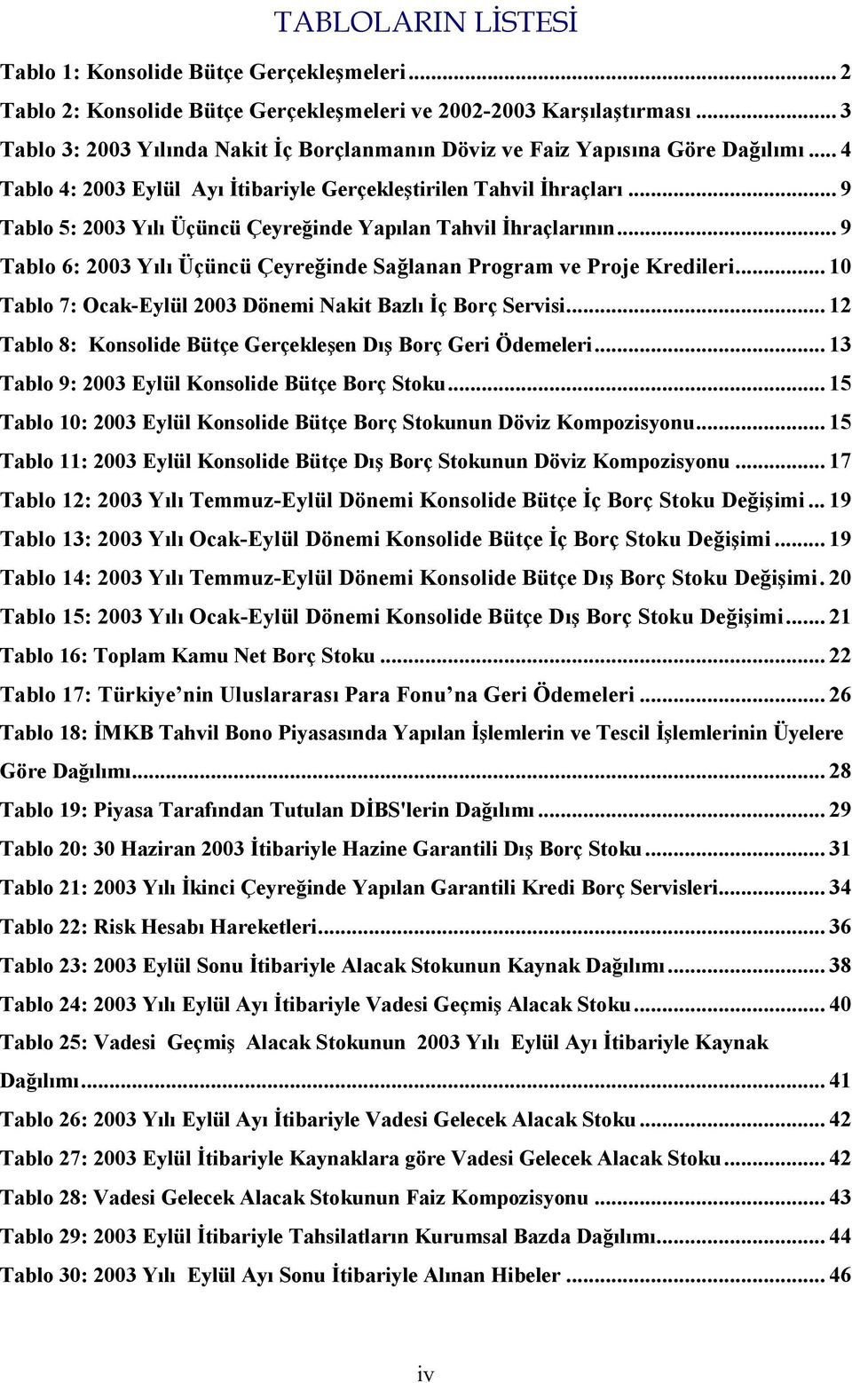 .. 9 Tablo 5: 2003 Yılı Üçüncü Çeyreğinde Yapılan Tahvil İhraçlarının... 9 Tablo 6: 2003 Yılı Üçüncü Çeyreğinde Sağlanan Program ve Proje Kredileri.