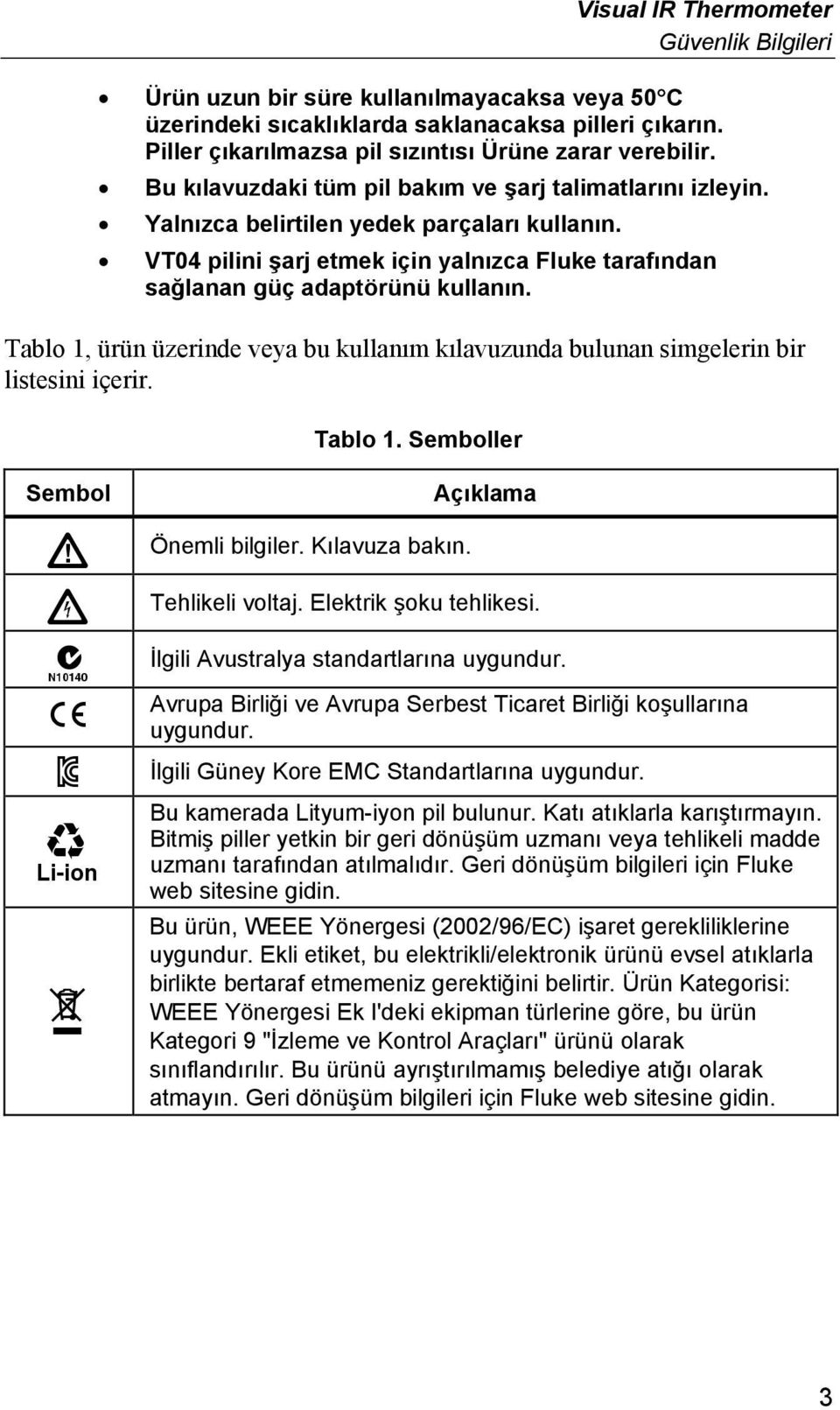 Tablo 1, ürün üzerinde veya bu kullanım kılavuzunda bulunan simgelerin bir listesini içerir. Tablo 1. Semboller Sembol Önemli bilgiler. Kılavuza bakın. Açıklama Tehlikeli voltaj.