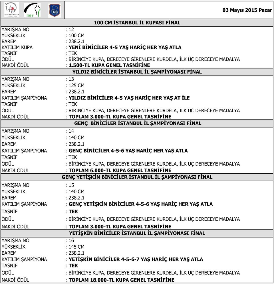 000-TL KUPA GENEL İNE GENÇ BİNİCİLER İSTANBUL İL ŞAMPİYONASI FİNAL YARIŞMA NO : 14 KATILIM ŞAMPİYONA : GENÇ BİNİCİLER 4-5-6 YAŞ HARİÇ HER YAŞ NAKDİ : TOPLAM 6.