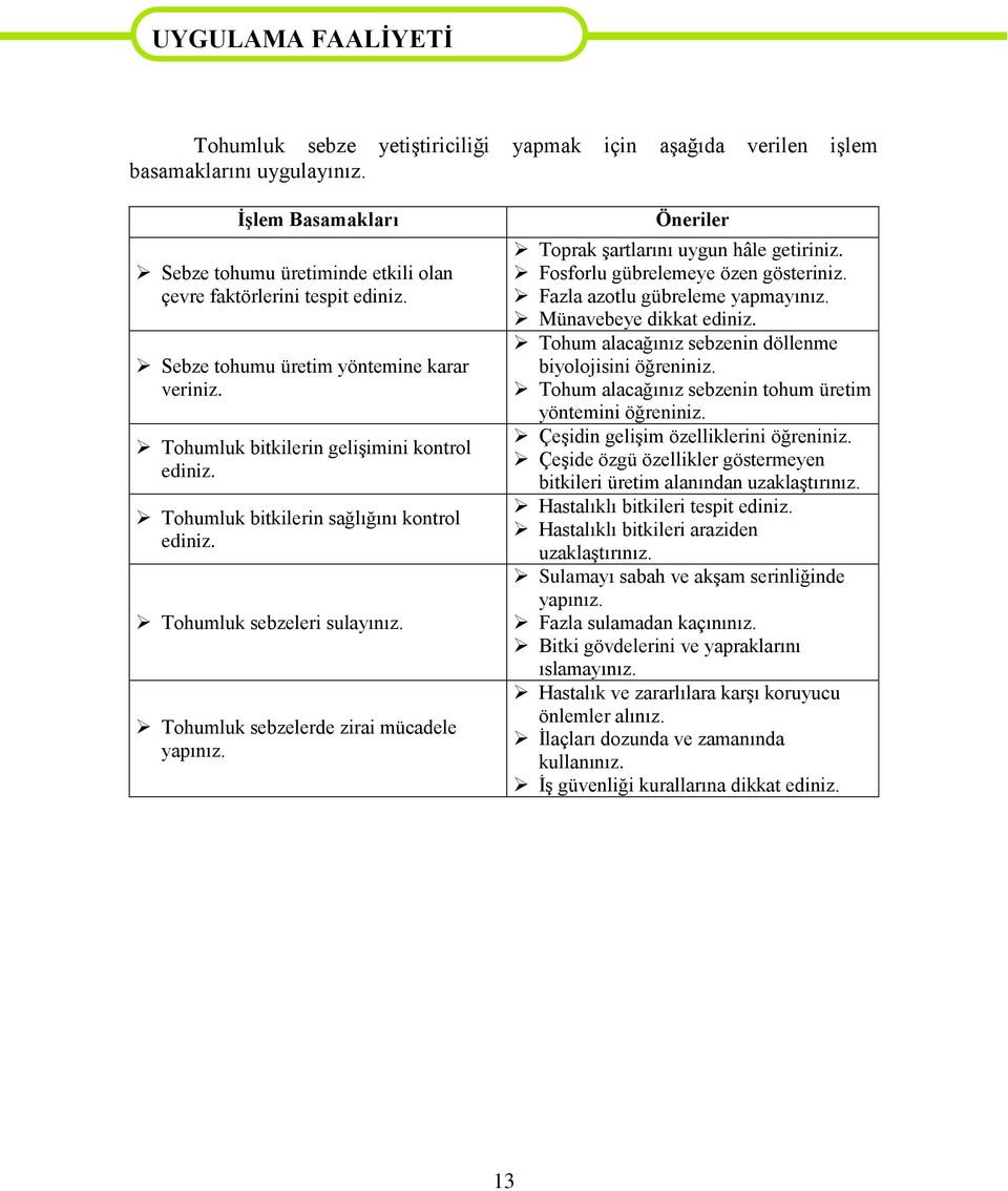 Tohumluk bitkilerin sağlığını kontrol ediniz. Tohumluk sebzeleri sulayınız. Tohumluk sebzelerde zirai mücadele yapınız. Öneriler Toprak Ģartlarını uygun hâle getiriniz.