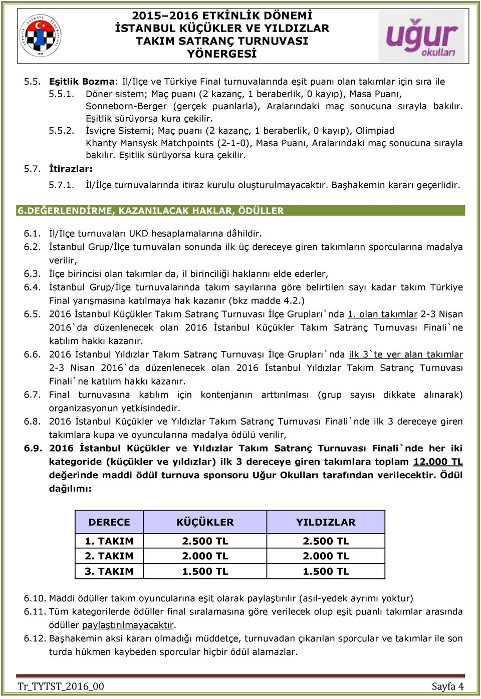 Eşitlik sürüyorsa kura çekilir. 5.7. Đtirazlar: 5.7.1. Đl/Đlçe turnuvalarında itiraz kurulu oluşturulmayacaktır. Başhakemin kararı geçerlidir. 6.DEĞERLENDĐRME, KAZANILACAK HAKLAR, ÖDÜLLER 6.1. Đl/Đlçe turnuvaları UKD hesaplamalarına dâhildir.