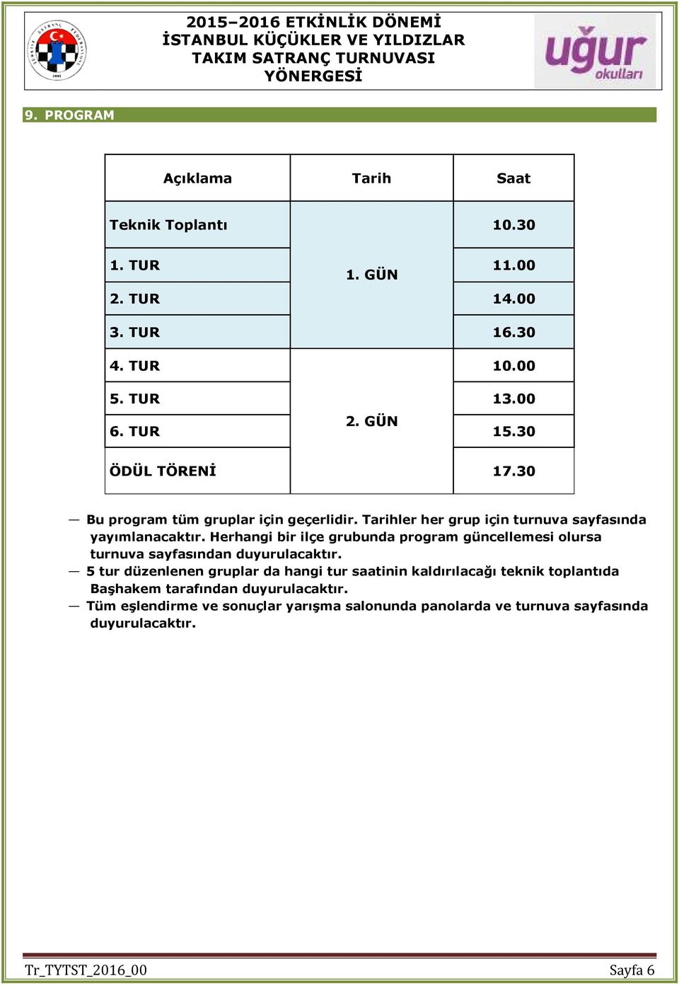 Herhangi bir ilçe grubunda program güncellemesi olursa turnuva sayfasından duyurulacaktır.