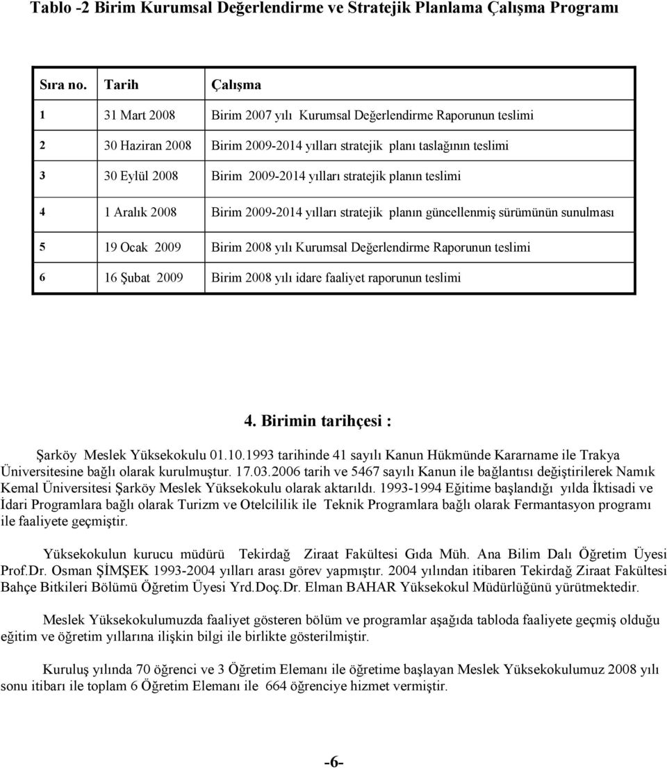 yılları stratejik planın teslimi 4 1 Aralık 2008 Birim 2009-2014 yılları stratejik planın güncellenmiş sürümünün sunulması 5 19 Ocak 2009 Birim 2008 yılı Kurumsal Değerlendirme Raporunun teslimi 6 16