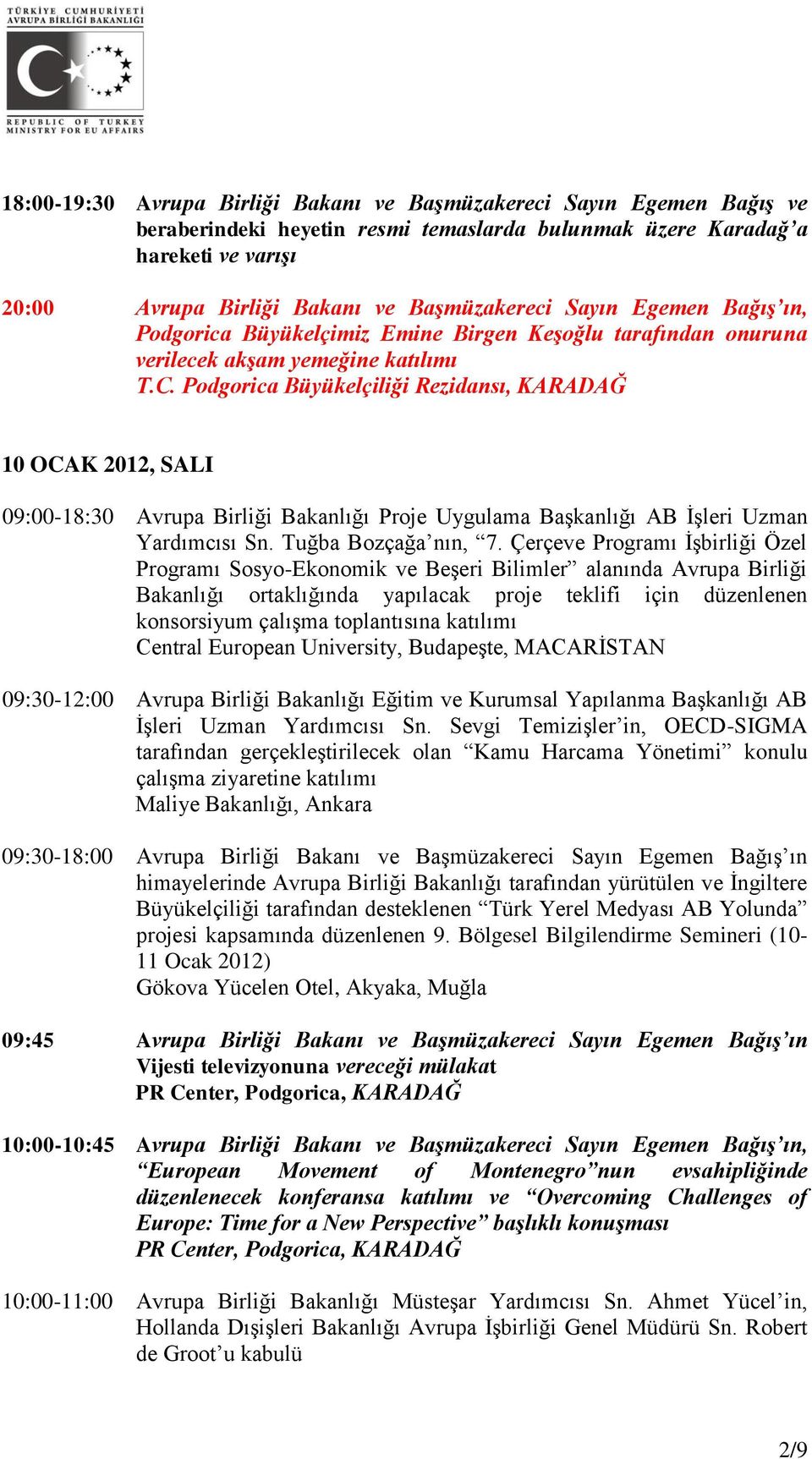 Podgorica Büyükelçiliği Rezidansı, KARADAĞ 10 OCAK 2012, SALI 09:00-18:30 Avrupa Birliği Bakanlığı Proje Uygulama Başkanlığı AB İşleri Uzman Yardımcısı Sn. Tuğba Bozçağa nın, 7.