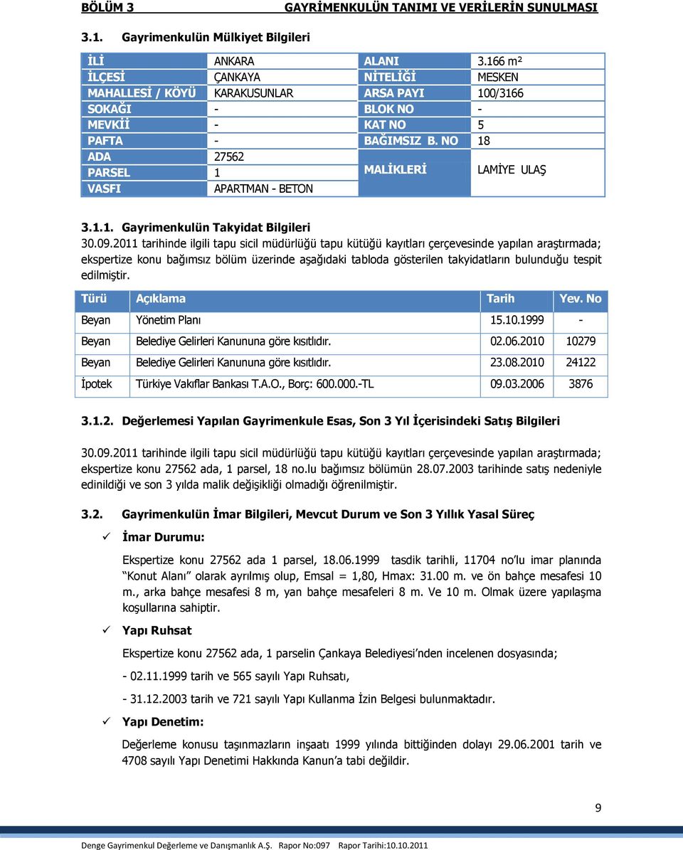 NO 18 ADA 27562 PARSEL 1 MALĠKLERĠ LAMĠYE ULAġ VASFI APARTMAN - BETON 3.1.1. Gayrimenkulün Takyidat Bilgileri 30.09.