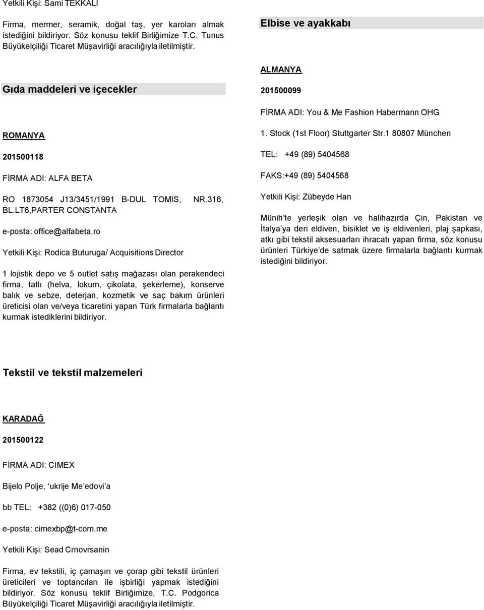 Elbise ve ayakkabı ALMANYA Gıda maddeleri ve içecekler 201500099 FİRMA ADI: You & Me Fashion Habermann OHG ROMANYA 201500118 FİRMA ADI: ALFA BETA RO 1873054 J13/3451/1991 B-DUL TOMIS, BL.