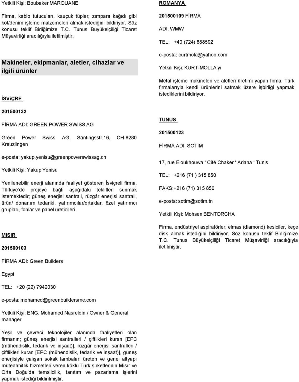 Makineler, ekipmanlar, aletler, cihazlar ve ilgili ürünler İSViÇRE 201500132 FİRMA ADI: GREEN POWER SWISS AG Green Power Swiss AG, Säntingsstr.16, CH-8280 Kreuzlingen e-posta: yakup.