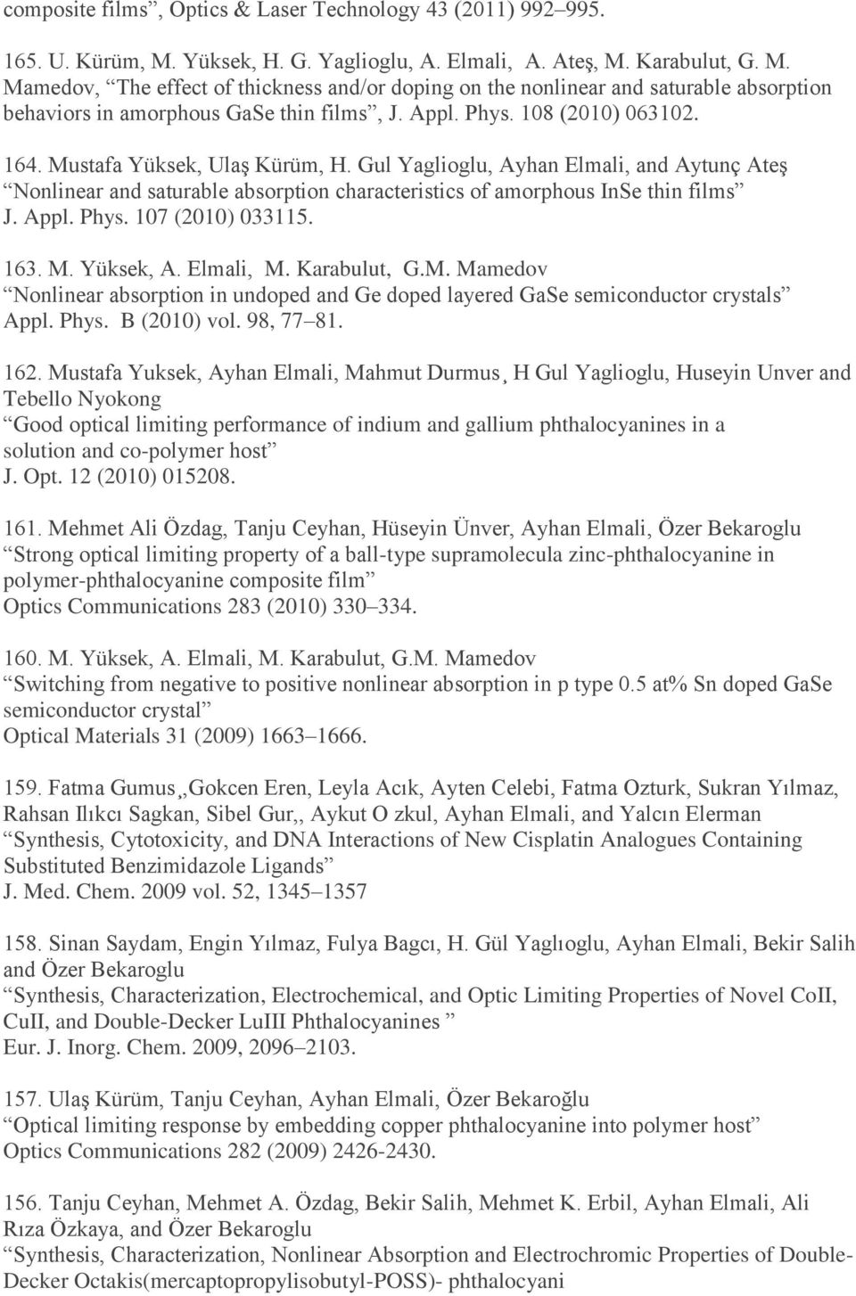 Appl. Phys. 108 (2010) 063102. 164. Mustafa Yüksek, Ulaş Kürüm, H. Gul Yaglioglu, Ayhan Elmali, and Aytunç Ateş Nonlinear and saturable absorption characteristics of amorphous InSe thin films J. Appl.