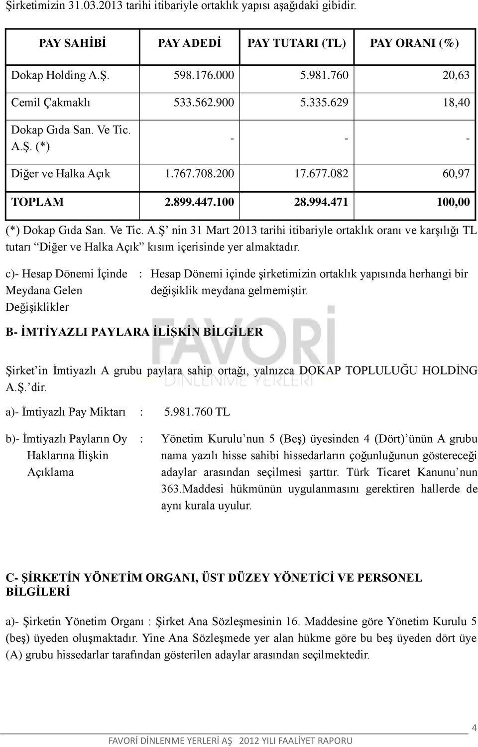 c)- Hesap Dönemi Ġçinde Meydana Gelen DeğiĢiklikler : Hesap Dönemi içinde Ģirketimizin ortaklık yapısında herhangi bir değiģiklik meydana gelmemiģtir.