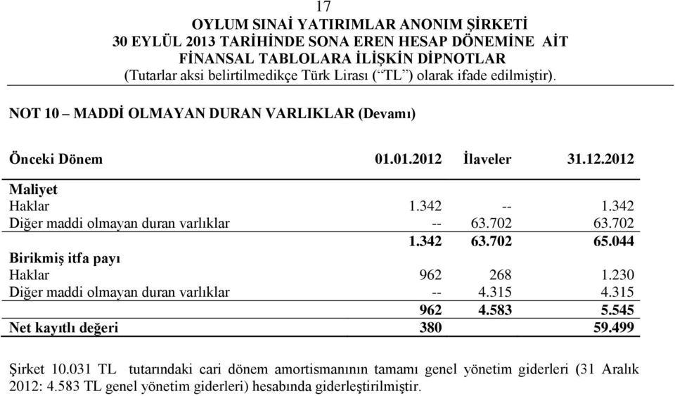 230 Diğer maddi olmayan duran varlıklar -- 4.315 4.315 962 4.583 5.545 Net kayıtlı değeri 380 59.499 Şirket 10.