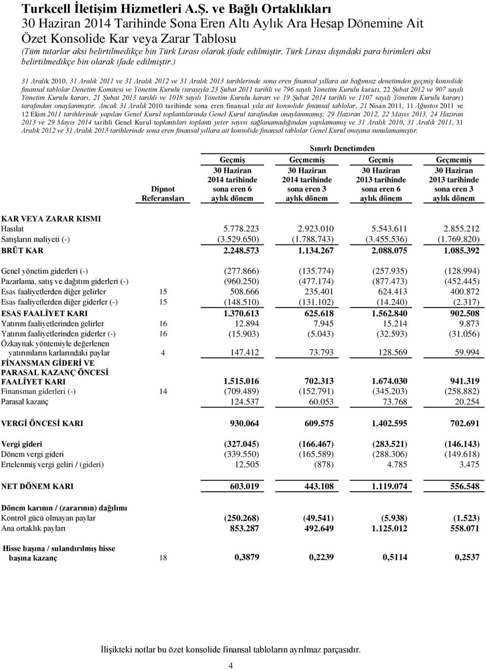 Ancak 31 Aralık 2010 tarihinde sona eren finansal yıla ait konsolide finansal tablolar, 21 Nisan 2011, 11 Ağustos 2011 ve 12 Ekim 2011 tarihlerinde yapılan Genel Kurul toplantılarında Genel Kurul