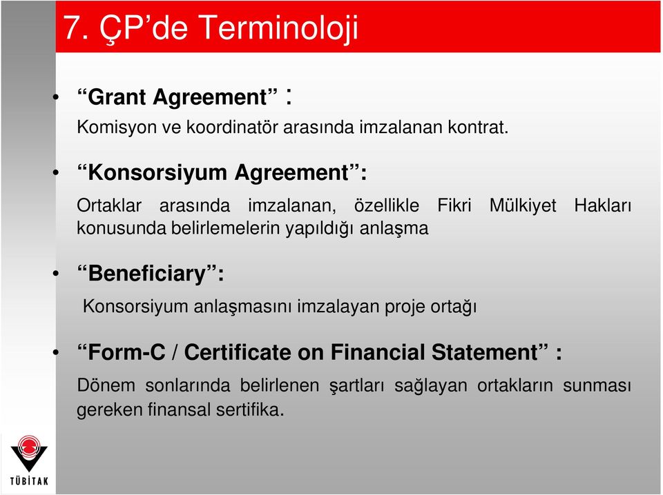 belirlemelerin yapıldığı anlaşma Beneficiary : Konsorsiyum anlaşmasını imzalayan proje ortağı Form-C /