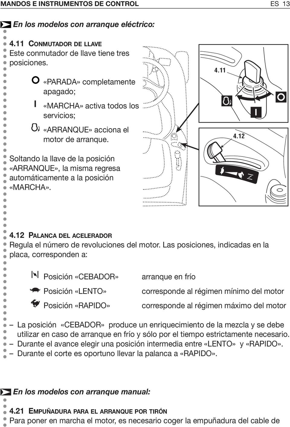 Soltando la llave de la posición «ARRANQUE», la misma regresa automáticamente a la posición «MARCHA». 4. 4.2 4.2 PALANCA DEL ACELERADOR Regula el número de revoluciones del motor.