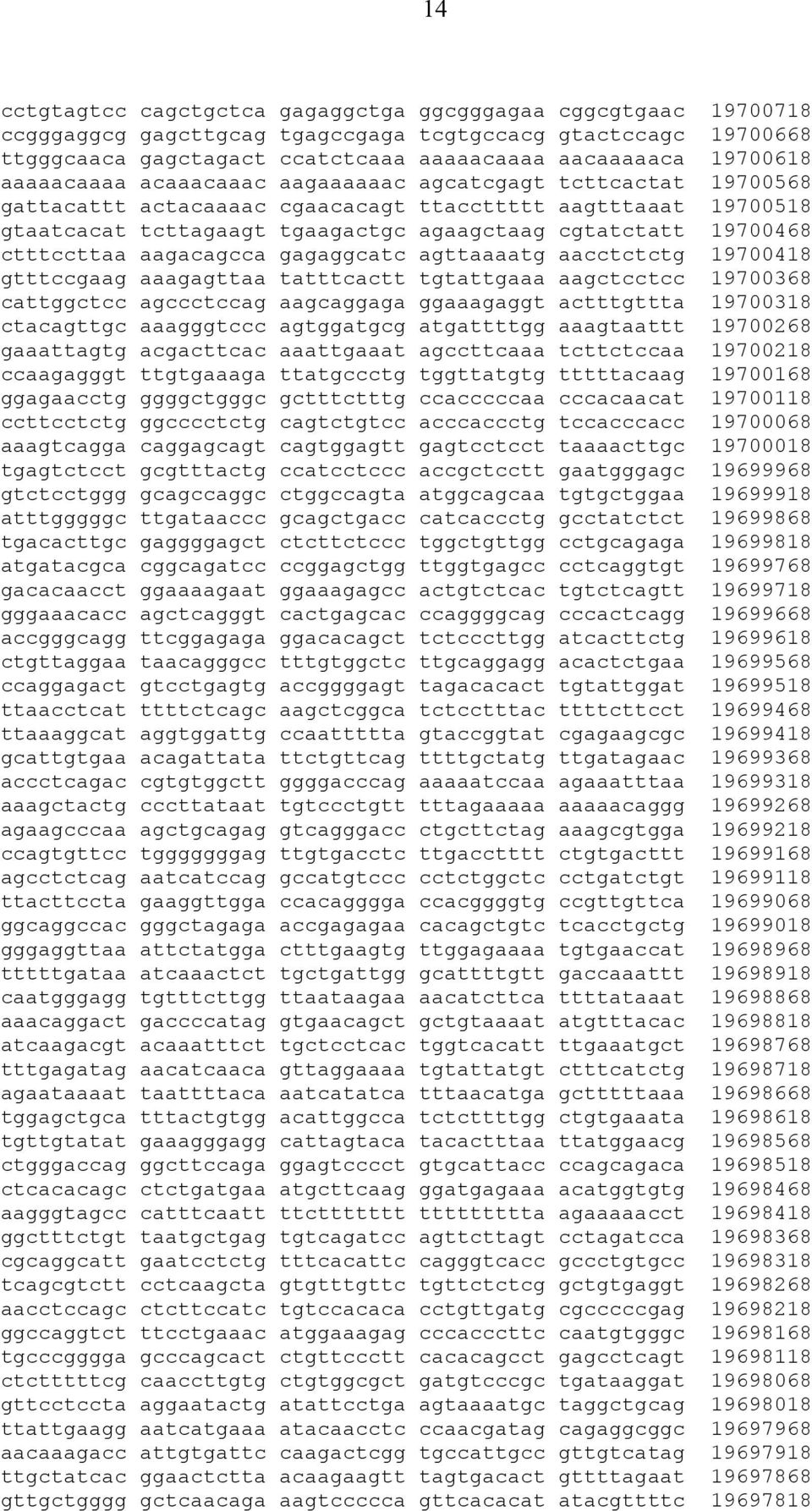 ctttccttaa aagacagcca gagaggcatc agttaaaatg aacctctctg 19700418 gtttccgaag aaagagttaa tatttcactt tgtattgaaa aagctcctcc 19700368 cattggctcc agccctccag aagcaggaga ggaaagaggt actttgttta 19700318