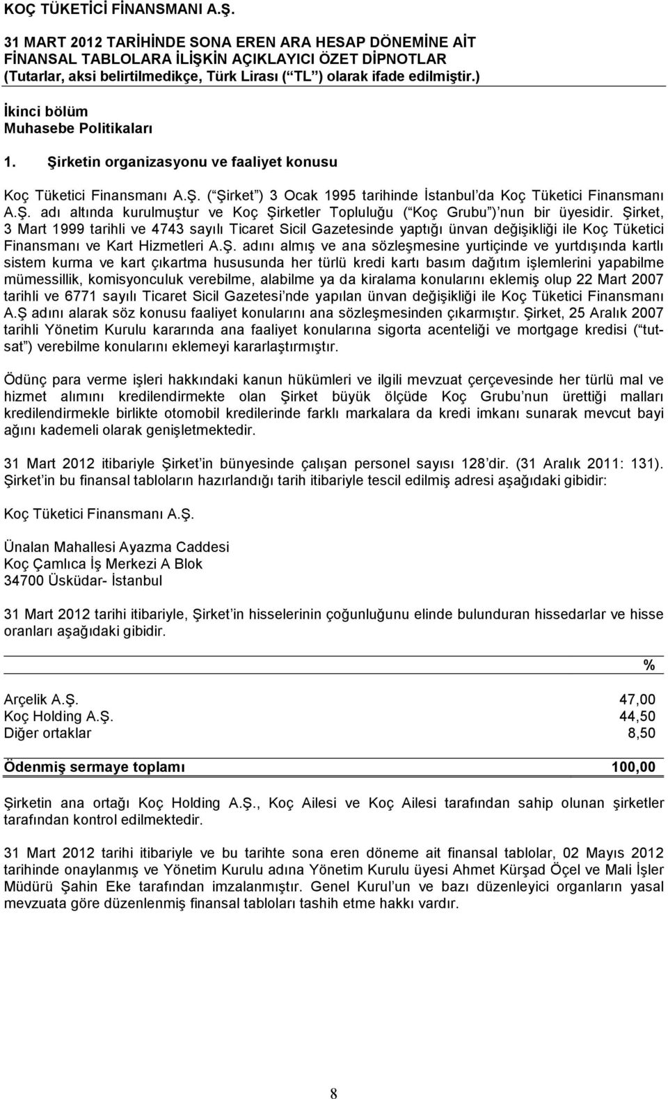 Şirket, 3 Mart 1999 tarihli ve 4743 sayılı Ticaret Sicil Gazetesinde yaptığı ünvan değişikliği ile Koç Tüketici Finansmanı ve Kart Hizmetleri A.Ş. adını almış ve ana sözleşmesine yurtiçinde ve