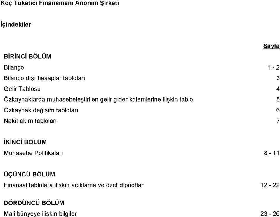 Özkaynak değişim tabloları 6 Nakit akım tabloları 7 İKİNCİ BÖLÜM Muhasebe Politikaları 8-11 ÜÇÜNCÜ BÖLÜM