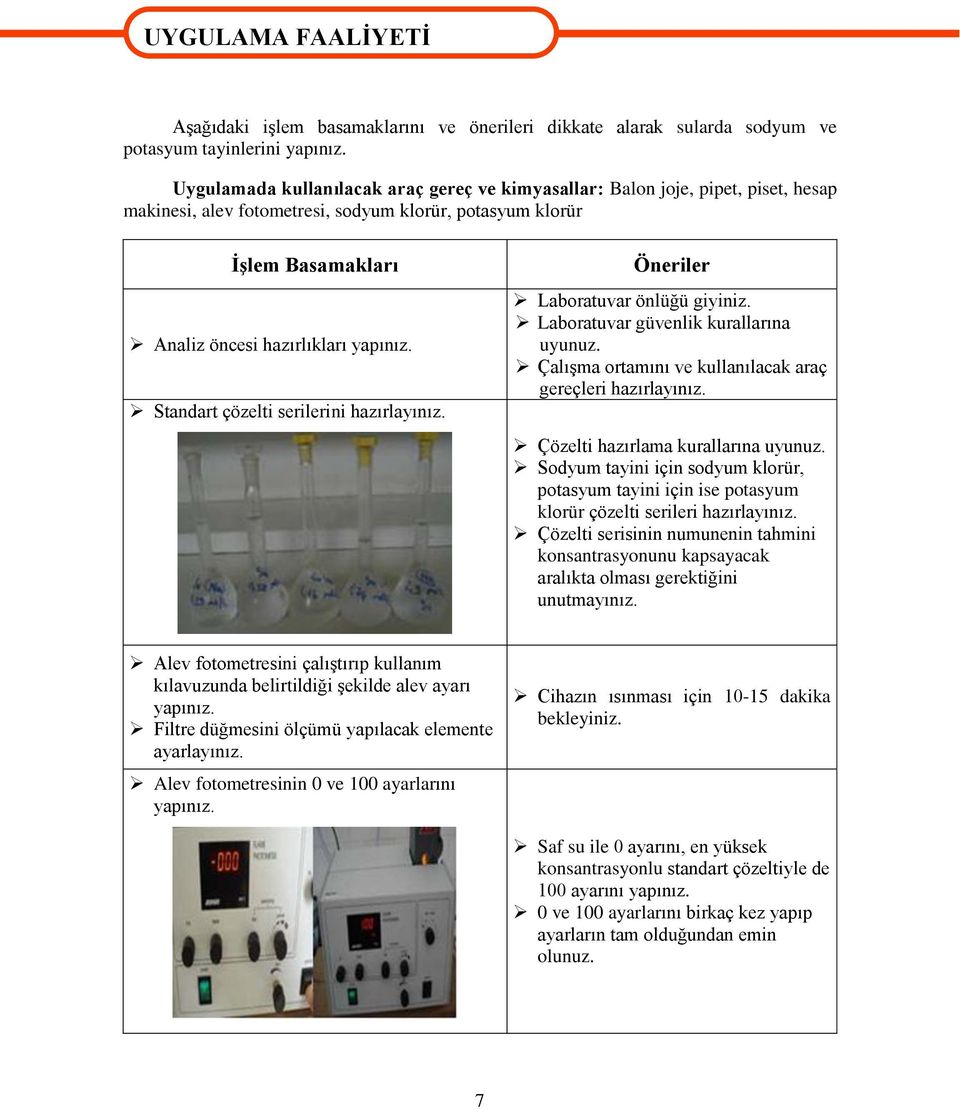 Standart çözelti serilerini hazırlayınız. Öneriler Laboratuvar önlüğü giyiniz. Laboratuvar güvenlik kurallarına uyunuz. ÇalıĢma ortamını ve kullanılacak araç gereçleri hazırlayınız.