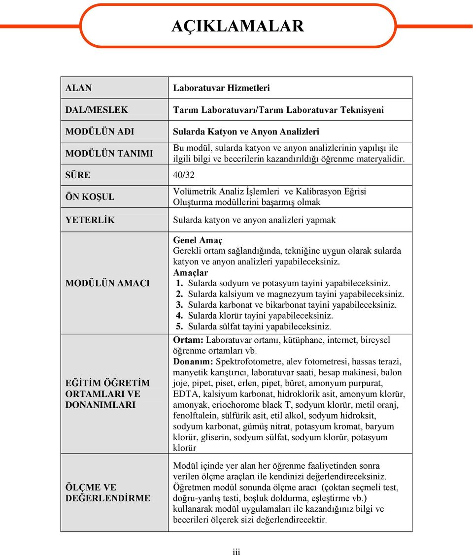 SÜRE 40/32 ÖN KOġUL YETERLĠK MODÜLÜN AMACI EĞĠTĠM ÖĞRETĠM ORTAMLARI VE DONANIMLARI ÖLÇME VE DEĞERLENDĠRME Volümetrik Analiz ĠĢlemleri ve Kalibrasyon Eğrisi OluĢturma modüllerini baģarmıģ olmak