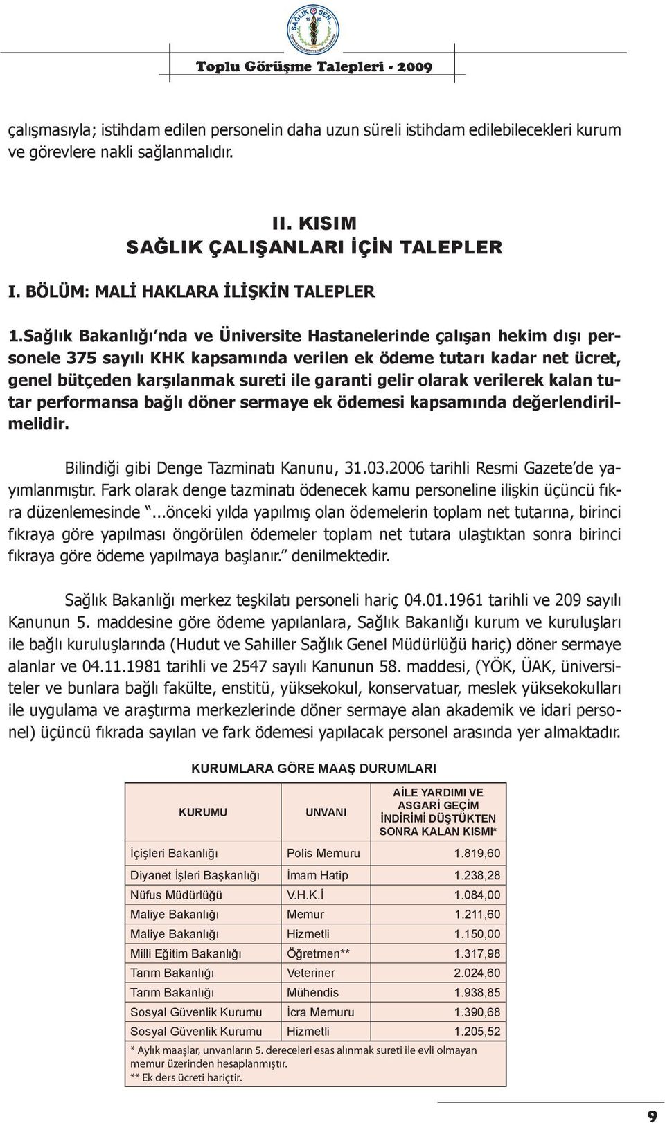 Sağlık Bakanlığı nda ve Üniversite Hastanelerinde çalışan hekim dışı personele 375 sayılı KHK kapsamında verilen ek ödeme tutarı kadar net ücret, genel bütçeden karşılanmak sureti ile garanti gelir