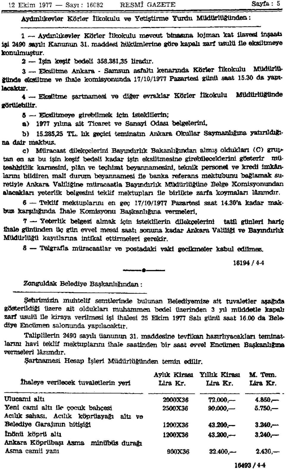 3 _ Eksiltme Ankara - Samsun asfaltı kenarında Körler İlkokulu Müdürlüğünde eksiltme ve ihale komisyonunda 17/10/1977 Pazartesi günü saat 15.30 da yapılacaktır. görülebilir.