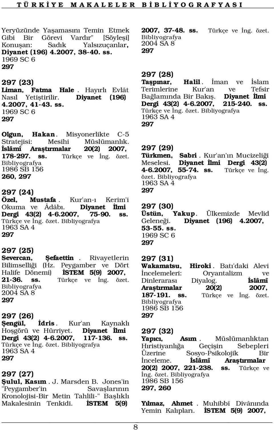 2007, 41-43. ss. 1969 SC 6 Dergi 43(2) 4-6.2007, 215-240. ss. Türkçe ve ng. özet. 297 Olgun, Hakan. Misyonerlikte C-5 Stratejisi: Mesihi Müslümanl k. slâmî Araflt rmalar 20(2) 2007, 178-297. ss. Türkçe ve ng. özet. 1986 SB 156 260, 297 1963 SA 4 297 297 (24) Özel, Mustafa.