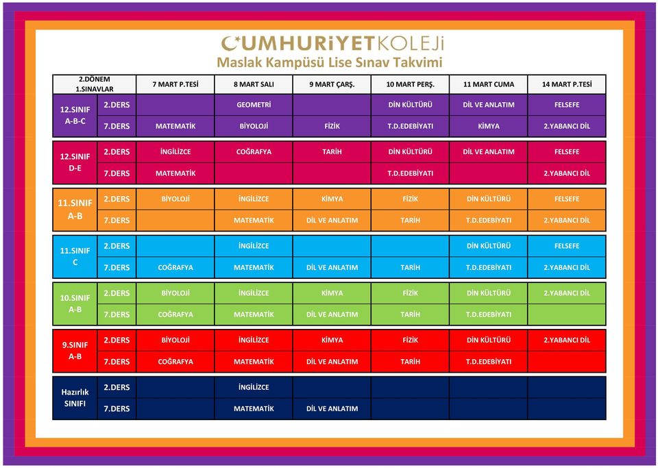 DERS MATEMATİK DİL VE ANLATIM TARİH T.D.EDEBİYATI 2.YABANI DİL 2.DERS İNGİLİZE DİN KÜLTÜRÜ FELSEFE 7.DERS OĞRAFYA MATEMATİK DİL VE ANLATIM TARİH T.D.EDEBİYATI 2.YABANI DİL 2.DERS BİYOLOJİ İNGİLİZE KİMYA FİZİK DİN KÜLTÜRÜ 2.