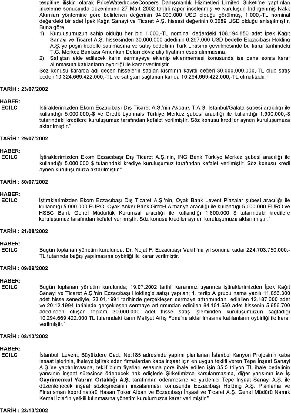 2089 USD olduğu anlaşılmıştır. Buna göre, 1) Kuruluşumuzun sahip olduğu her biri 1.000,-TL nominal değerdeki 108.194.850 adet İpek Kağıt Sanayi ve Ticaret A.Ş. hissesinden 30.000.000 adedinin 6.267.