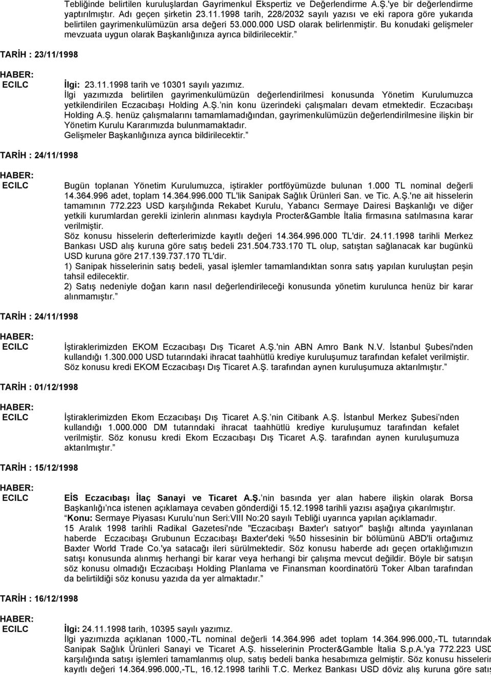 İlgi yazımızda belirtilen gayrimenkulümüzün değerlendirilmesi konusunda Yönetim Kurulumuzca yetkilendirilen Eczacıbaşı Holding A.Ş. nin konu üzerindeki çalışmaları devam etmektedir.