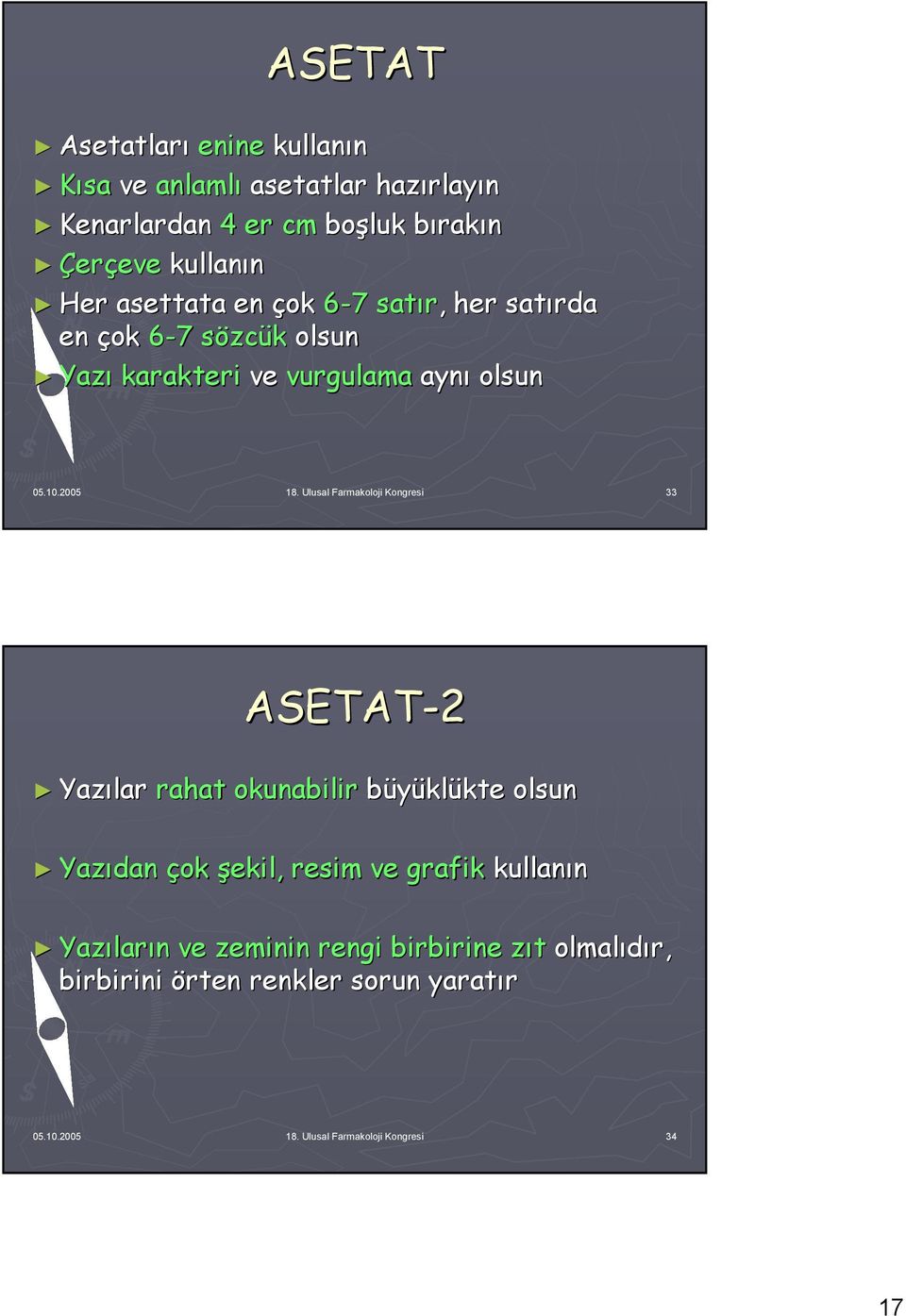 Ulusal Farmakoloji Kongresi 33 ASETAT-2 Yazılar rahat okunabilir büyüklükte olsun Yazıdan çok şekil, resim ve grafik kullanın