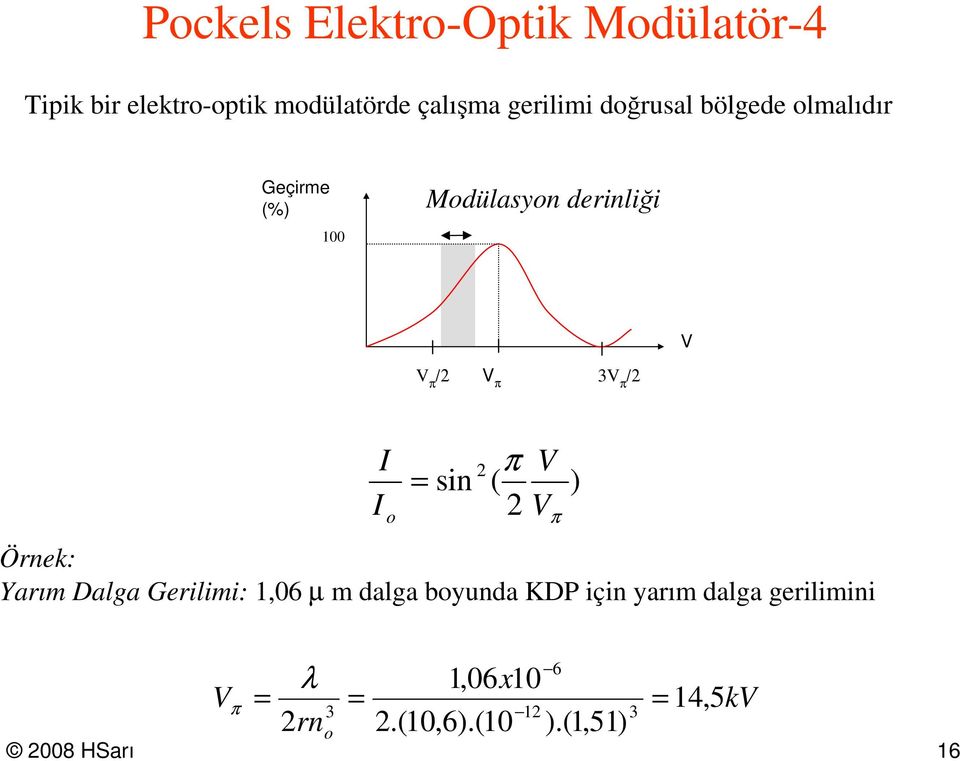 = sin ( V Örnek: Yarım Dalga Gerilimi: 1,06 µ m dalga byunda KDP için yarım dalga