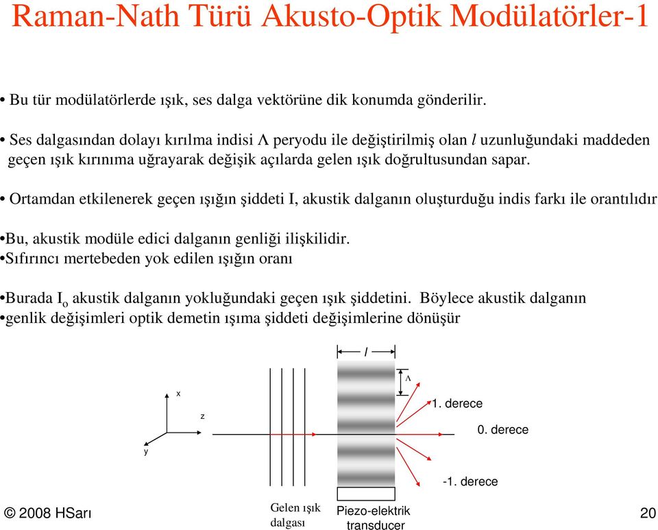 Ortamdan etkilenerek geçen ışığın şiddeti, akustik dalganın luşturduğu indis farkı ile rantılıdır Bu, akustik mdüle edici dalganın genliği ilişkilidir.