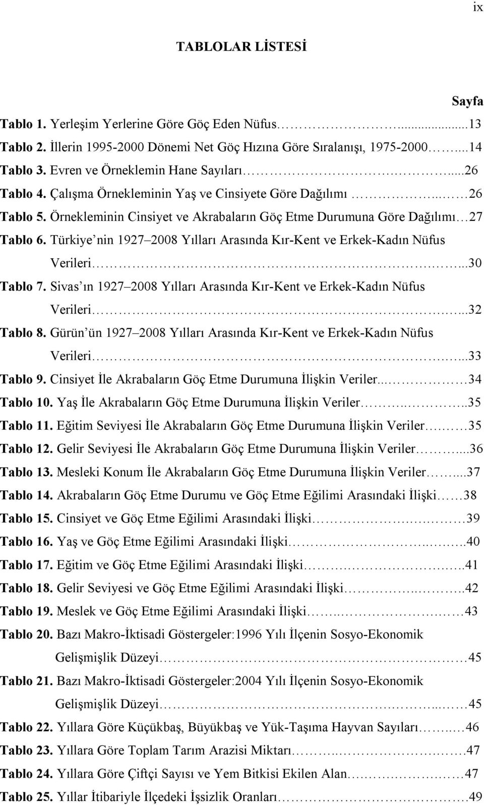 Türkiye nin 1927 2008 Yılları Arasında Kır-Kent ve Erkek-Kadın Nüfus Verileri....30 Tablo 7. Sivas ın 1927 2008 Yılları Arasında Kır-Kent ve Erkek-Kadın Nüfus Verileri....32 Tablo 8.