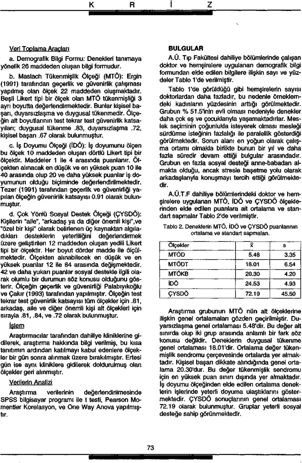 Beşli Likert tipi bir ölçek olan MTÖ tükenmişliği ayrı boyutta değerlendirmektedir. Bunlar kişisel başarı, duyarsızlaşma ve duygusal tükenmedir.