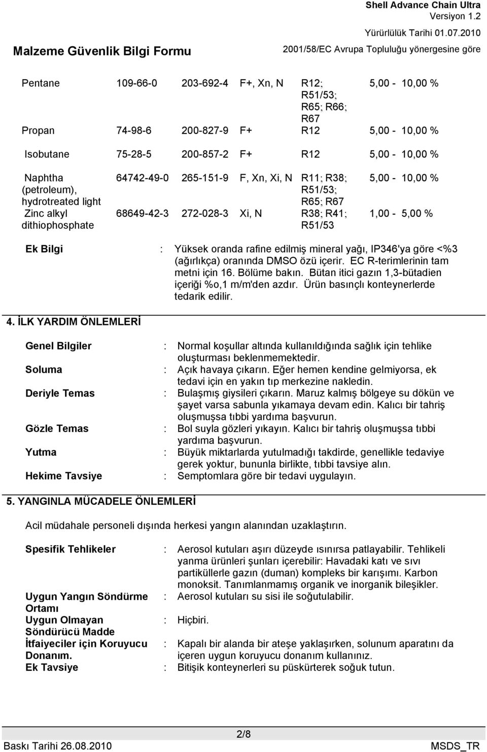 oranda rafine edilmiş mineral yağı, IP346'ya göre <%3 (ağırlıkça) oranında DMSO özü içerir. EC R-terimlerinin tam metni için 16. Bölüme bakın.