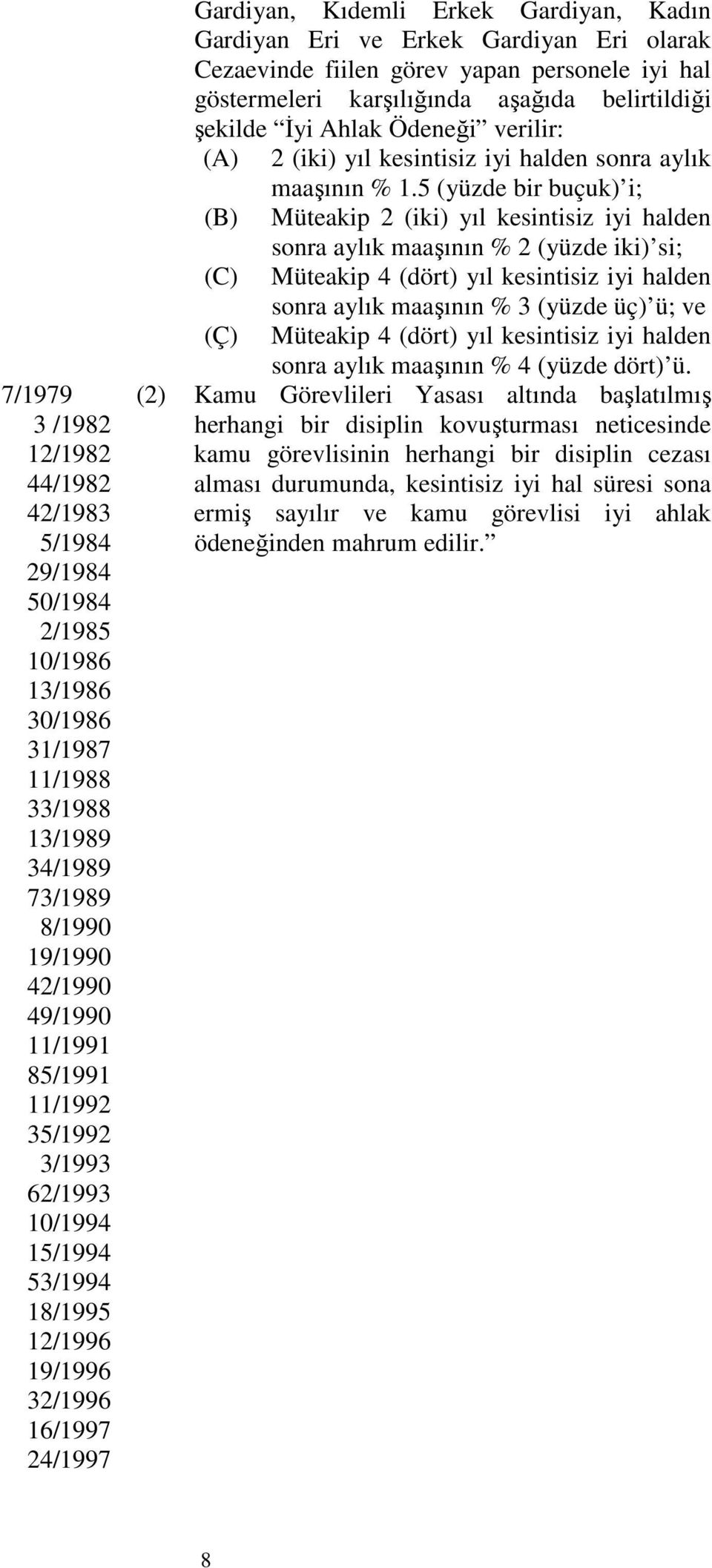 görev yapan personele iyi hal göstermeleri karşılığında aşağıda belirtildiği şekilde İyi Ahlak Ödeneği verilir: (A) 2 (iki) yıl kesintisiz iyi halden sonra aylık maaşının % 1.