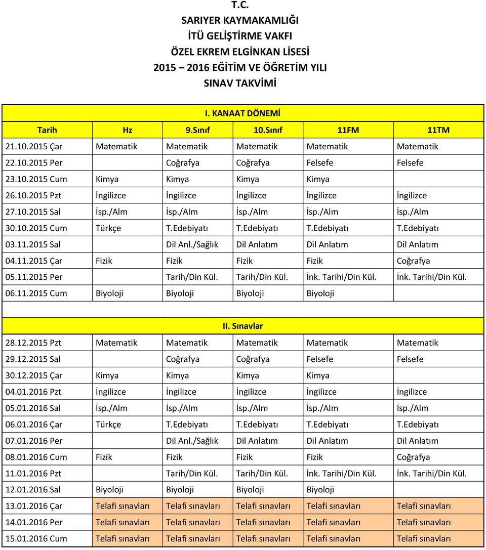 10.2015 Sal İsp./Alm İsp./Alm İsp./Alm İsp./Alm İsp./Alm 30.10.2015 Cum Türkçe T.Edebiyatı T.Edebiyatı T.Edebiyatı T.Edebiyatı 03.11.2015 Sal Dil Anl./Sağlık Dil Anlatım Dil Anlatım Dil Anlatım 04.11.2015 Çar Fizik Fizik Fizik Fizik Coğrafya 05.