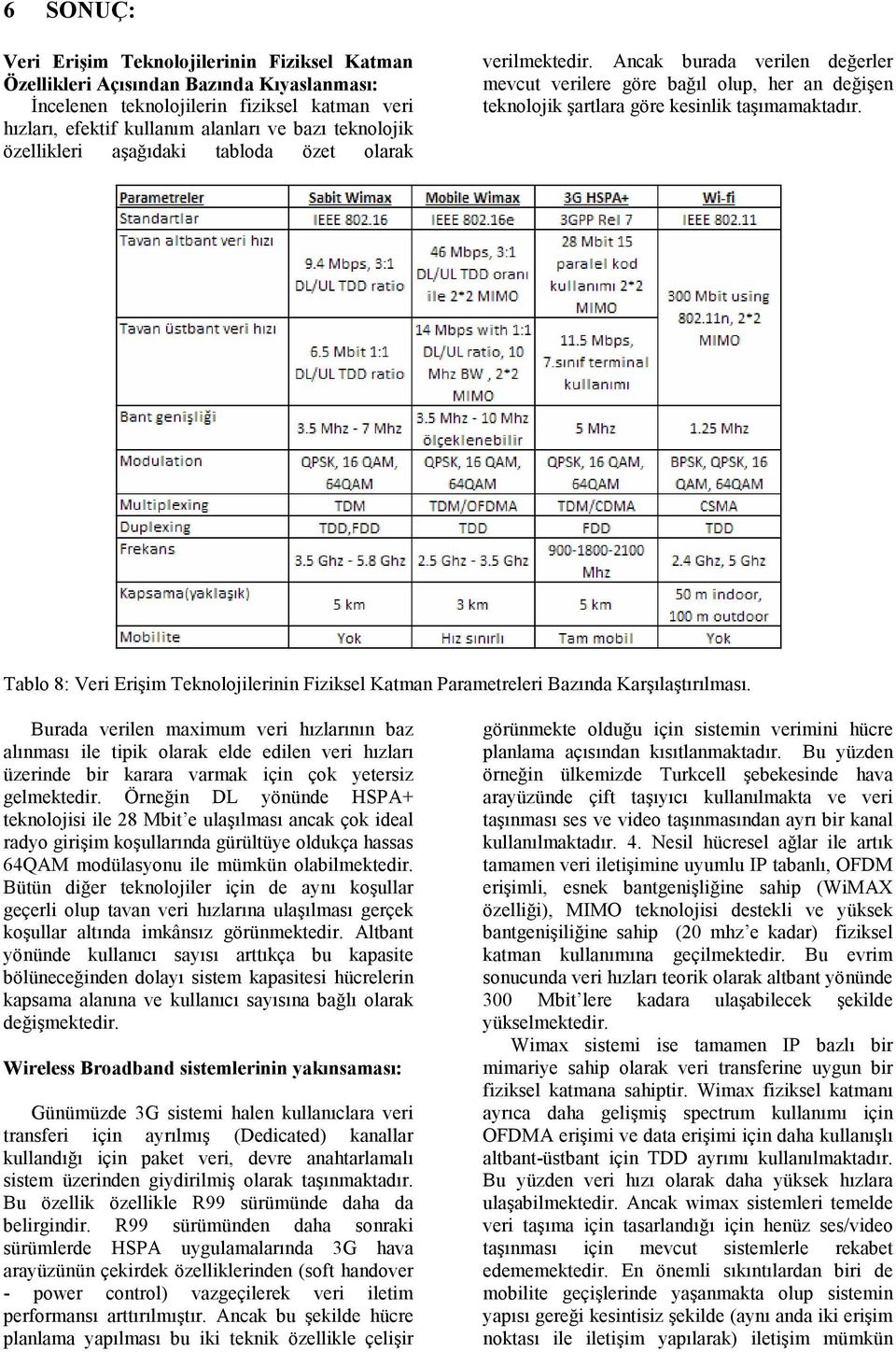 Tablo 8: Veri Erişim Teknolojilerinin Fiziksel Katman Parametreleri Bazında Karşılaştırılması.