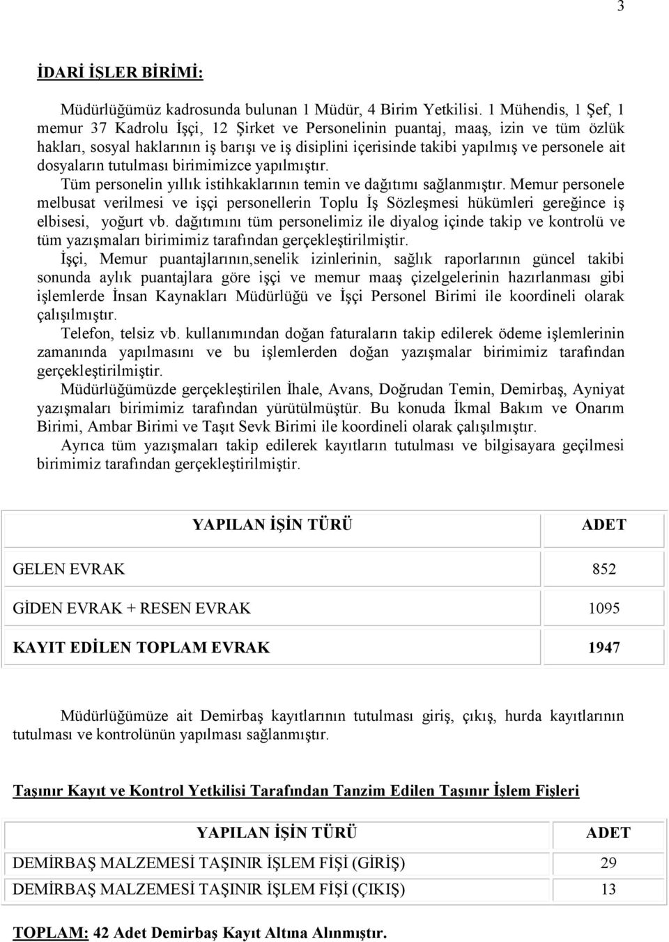 dosyaların tutulması birimimizce yapılmıştır. Tüm personelin yıllık istihkaklarının temin ve dağıtımı sağlanmıştır.