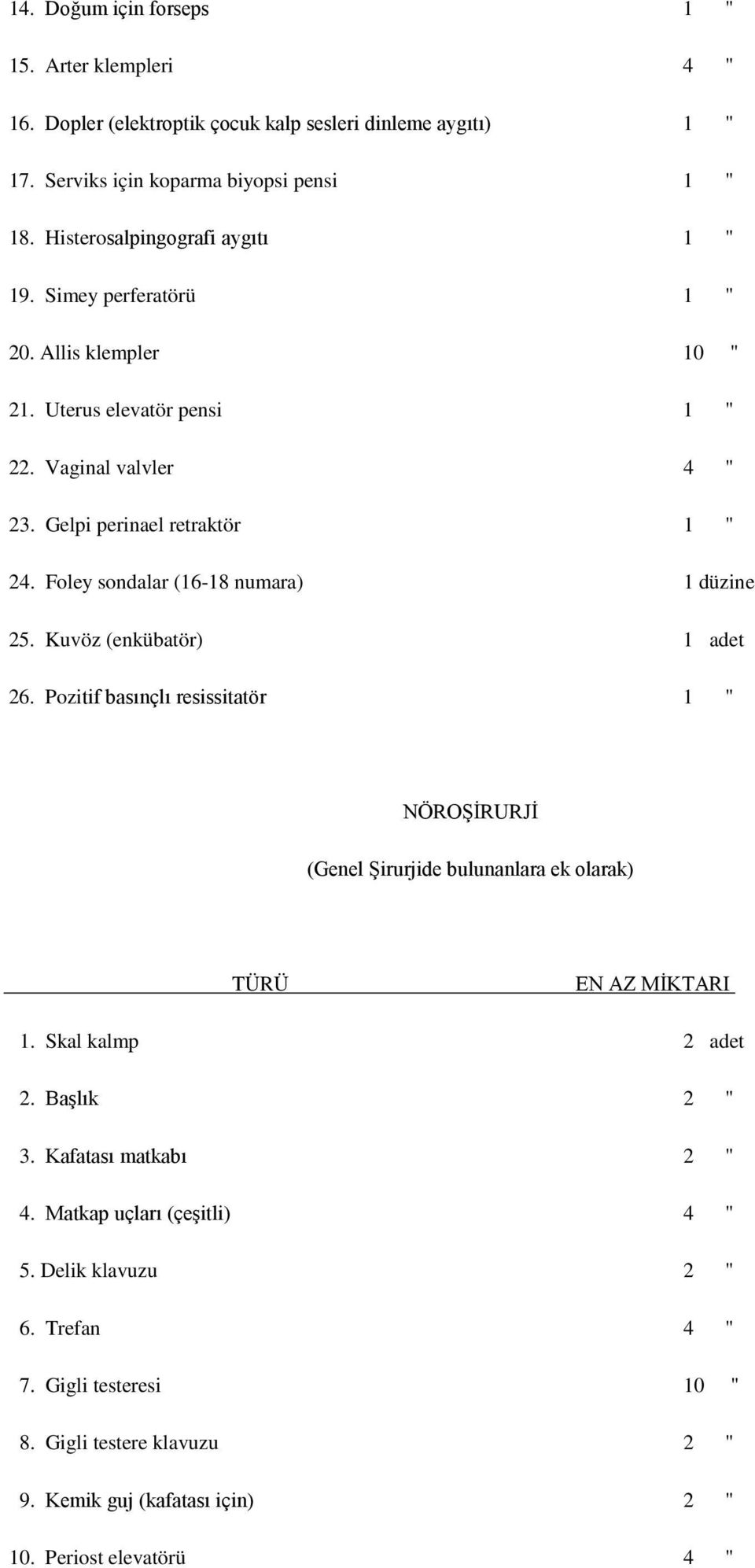 Foley sondalar (16-18 numara) 1 düzine 25. Kuvöz (enkübatör) 1 adet 26. Pozitif basınçlı resissitatör 1 " NÖROŞİRURJİ (Genel Şirurjide bulunanlara ek olarak) 1. Skal kalmp 2 adet 2.