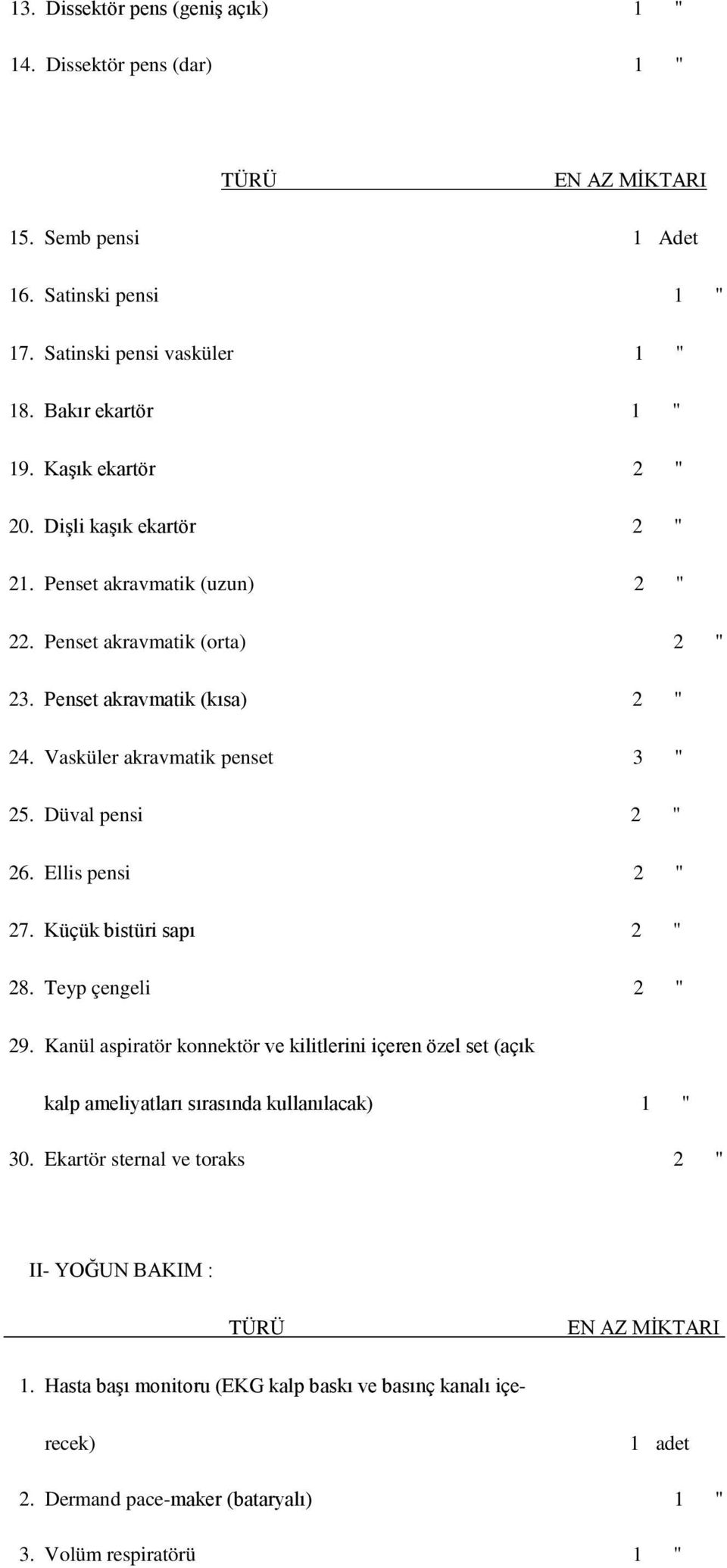 Düval pensi 2 " 26. Ellis pensi 2 " 27. Küçük bistüri sapı 2 " 28. Teyp çengeli 2 " 29.