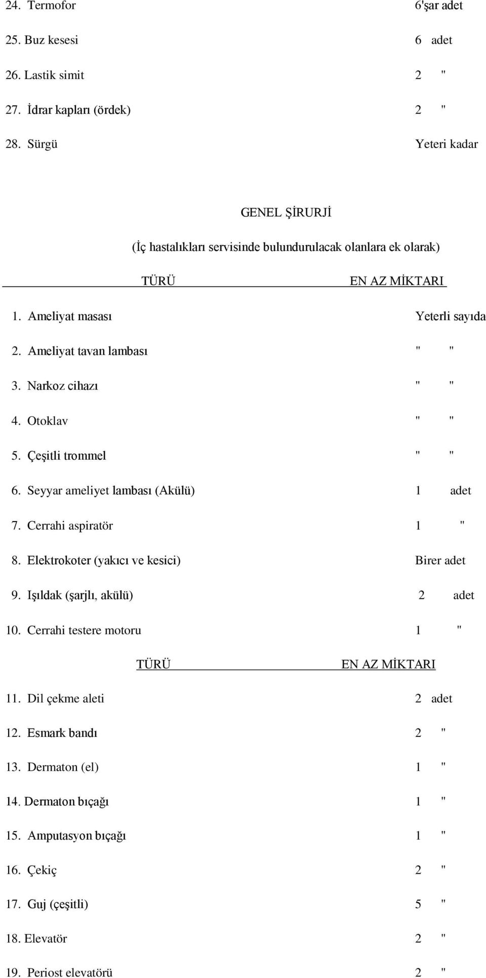 Narkoz cihazı " " 4. Otoklav " " 5. Çeşitli trommel " " 6. Seyyar ameliyet lambası (Akülü) 1 adet 7. Cerrahi aspiratör 1 " 8. Elektrokoter (yakıcı ve kesici) Birer adet 9.