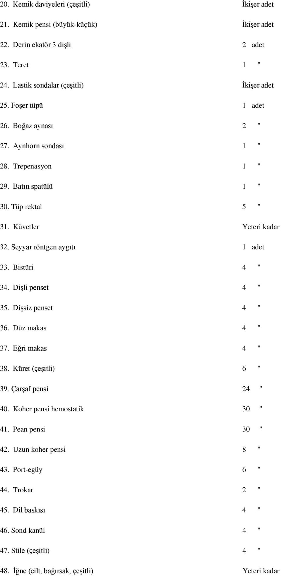 Seyyar röntgen aygıtı 1 adet 33. Bistüri 4 " 34. Dişli penset 4 " 35. Dişsiz penset 4 " 36. Düz makas 4 " 37. Eğri makas 4 " 38. Küret (çeşitli) 6 " 39. Çarşaf pensi 24 " 40.