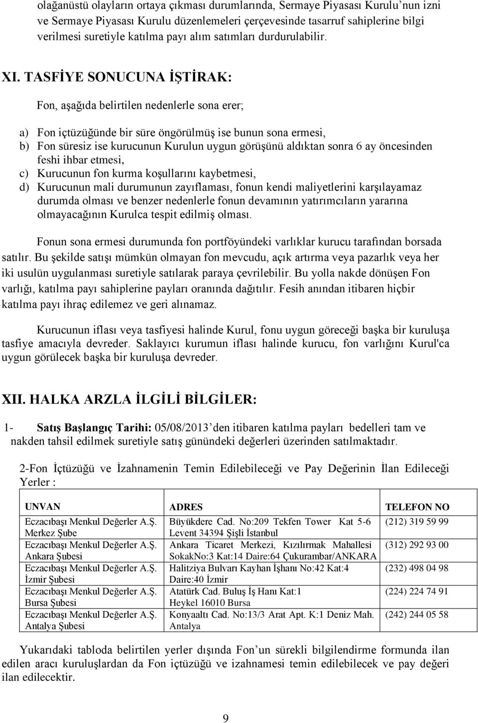 TASFİYE SONUCUNA İŞTİRAK: Fon, aşağıda belirtilen nedenlerle sona erer; a) Fon içtüzüğünde bir süre öngörülmüş ise bunun sona ermesi, b) Fon süresiz ise kurucunun Kurulun uygun görüşünü aldıktan