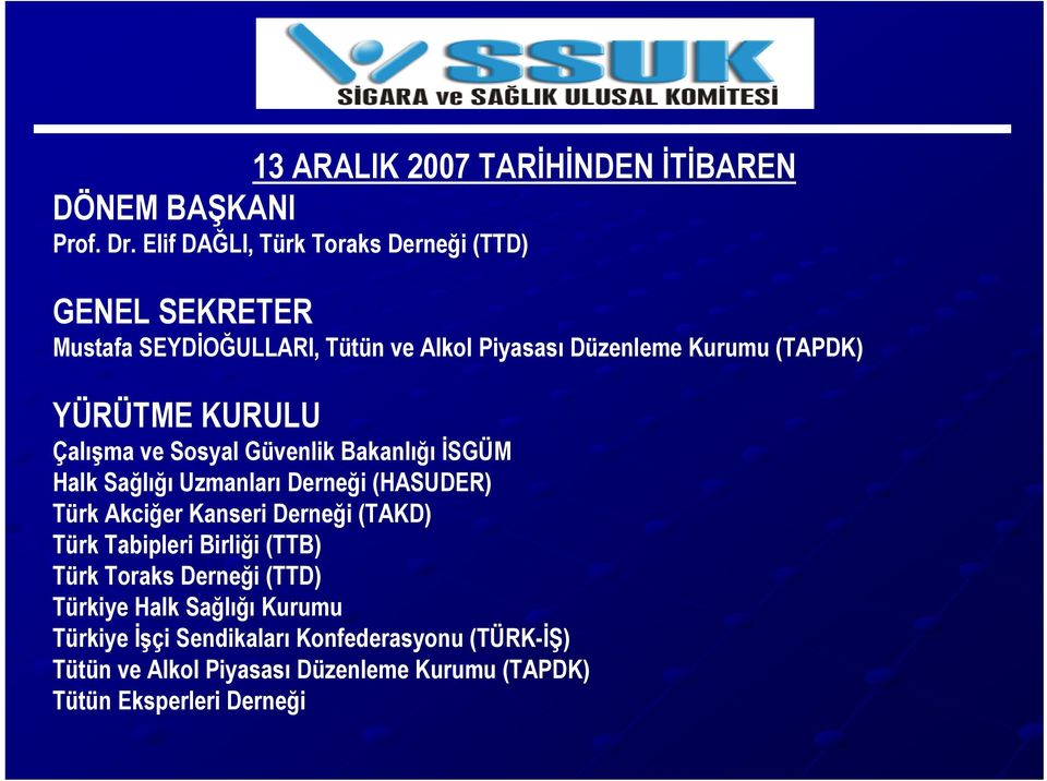 YÜRÜTME KURULU Çalışma ve Sosyal Güvenlik Bakanlığı İSGÜM Halk Sağlığı Uzmanları Derneği (HASUDER) Türk Akciğer Kanseri Derneği