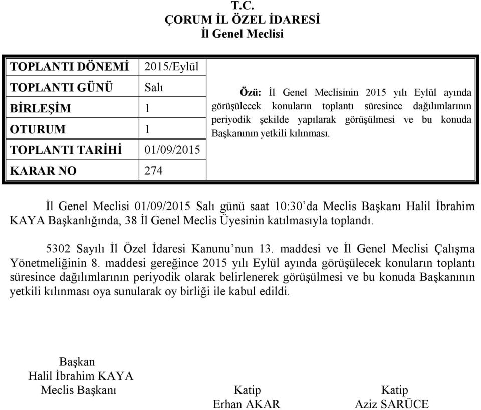 01/09/2015 Salı günü saat 10:30 da Meclis ı Halil İbrahim KAYA lığında, 38 İl Genel Meclis Üyesinin katılmasıyla toplandı. 5302 Sayılı İl Özel İdaresi Kanunu nun 13.