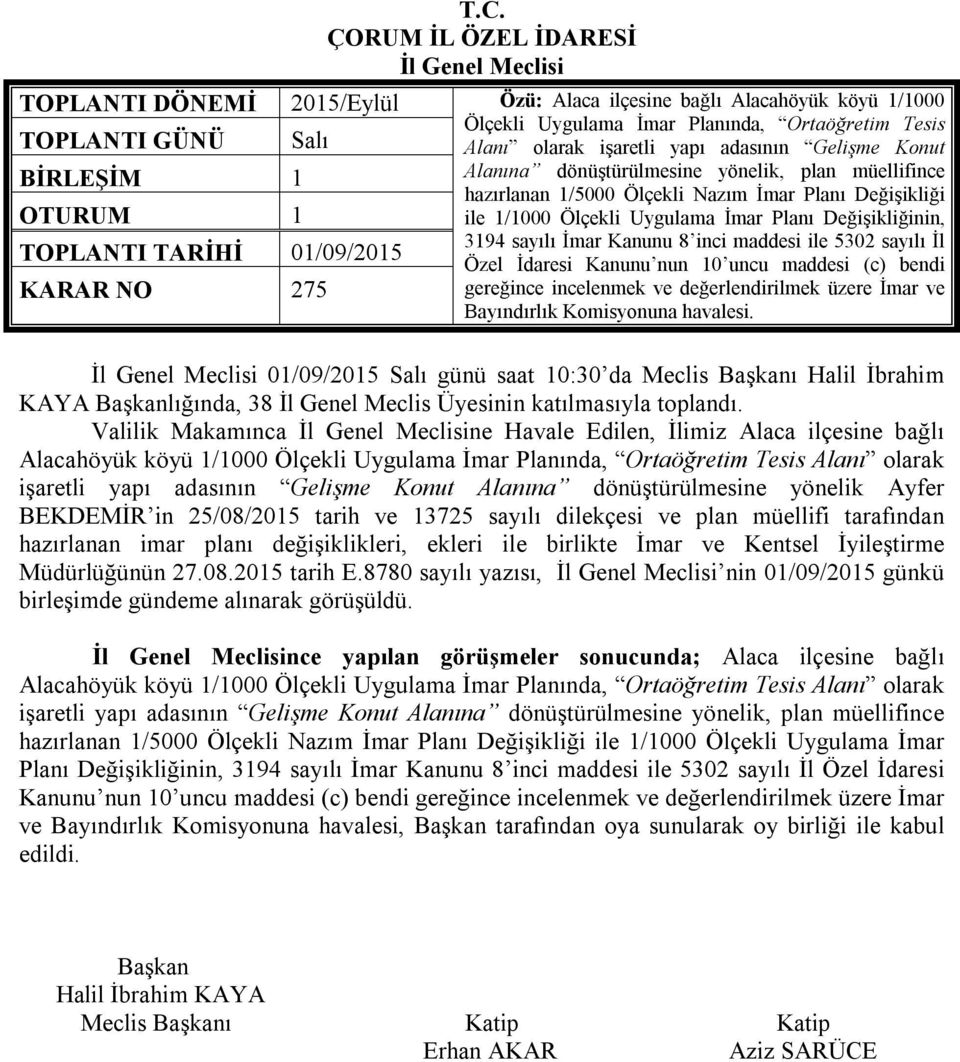 inci maddesi ile 5302 sayılı İl TOPLANTI TARİHİ 01/09/2015 Özel İdaresi Kanunu nun 10 uncu maddesi (c) bendi KARAR NO 275 gereğince incelenmek ve değerlendirilmek üzere İmar ve Bayındırlık