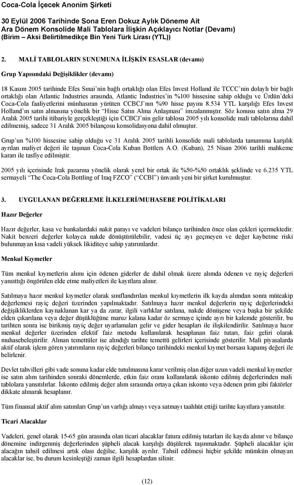 ortaklığı olan Atlantic Industries arasında, Atlantic Industries in %100 hissesine sahip olduğu ve Ürdün deki Coca-Cola faaliyetlerini münhasıran yürüten CCBCJ nın %90 hisse payını 8.